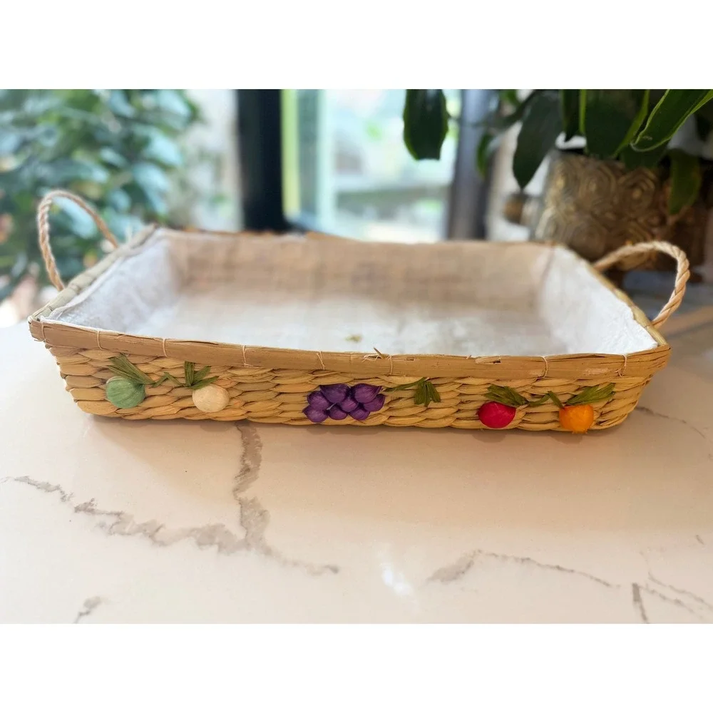 Vintage Raffia Fruit Nesting Basket Woven Serving Tray with Handles 3D Motifs